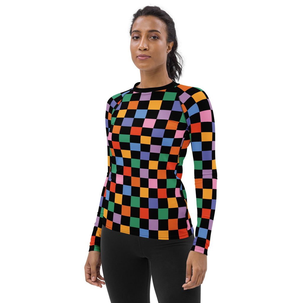 Women's Rainbow Checkered Long Sleeve Rash Guard Swim Shirt – Buttery Soft, Sun Safe UPF 50+ Protection, Quick Dry & 4-Way Stretch Comfort