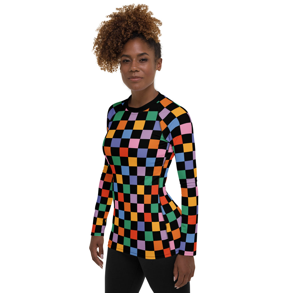 Women's Rainbow Checkered Long Sleeve Rash Guard Swim Shirt – Buttery Soft, Sun Safe UPF 50+ Protection, Quick Dry & 4-Way Stretch Comfort