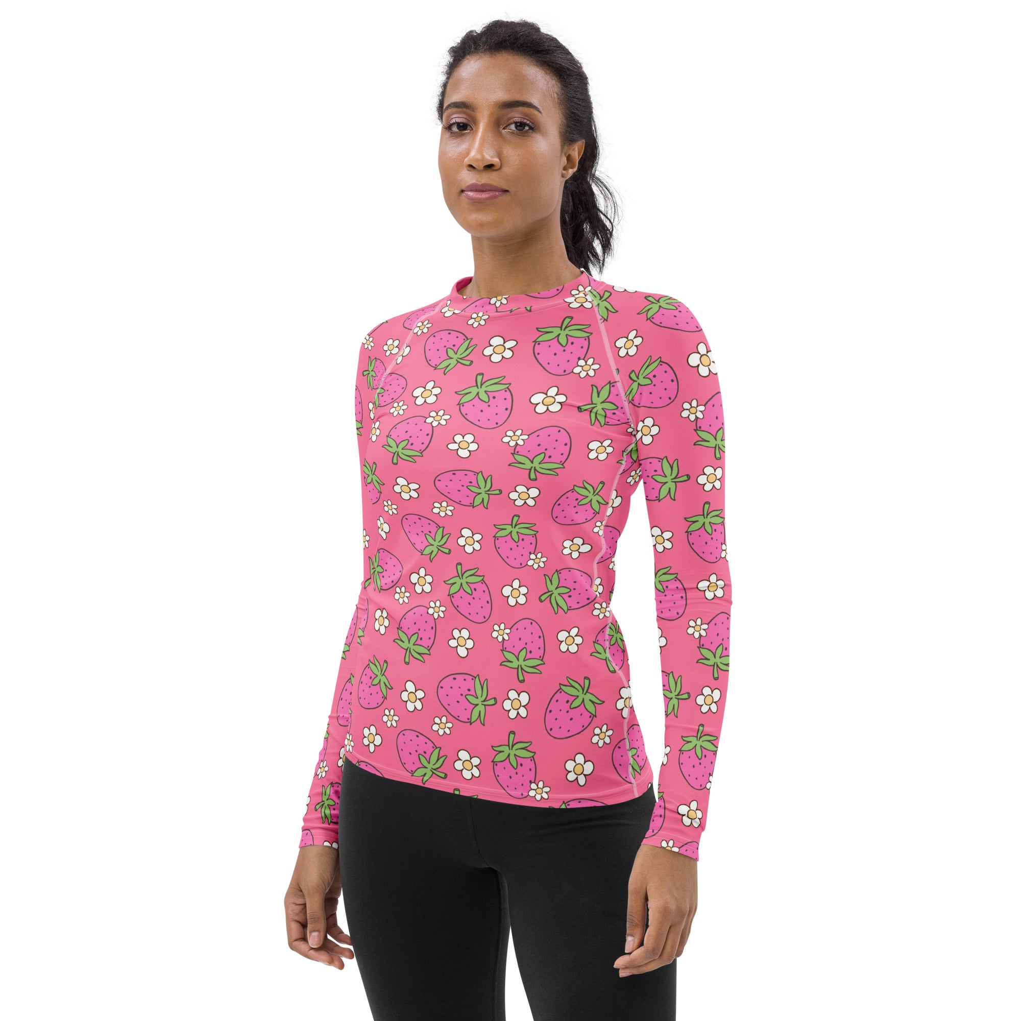 Women's Pink Strawberry Daisy Long Sleeve Rash Guard Swim Shirt – Buttery Soft, Sun Safe UPF 50+ Protection, Quick Dry & 4-Way Stretch Comfort