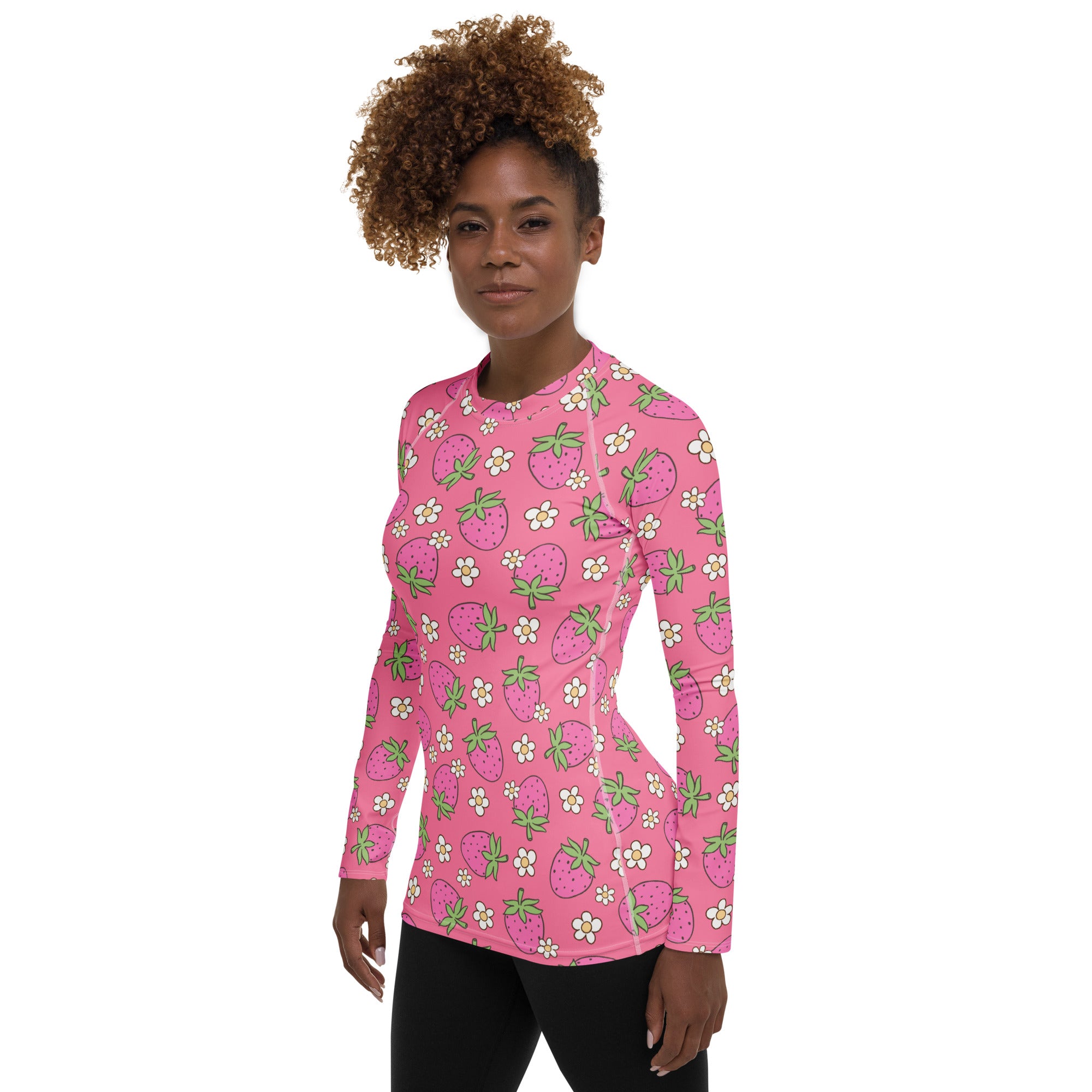 Women's Pink Strawberry Daisy Long Sleeve Rash Guard Swim Shirt – Buttery Soft, Sun Safe UPF 50+ Protection, Quick Dry & 4-Way Stretch Comfort