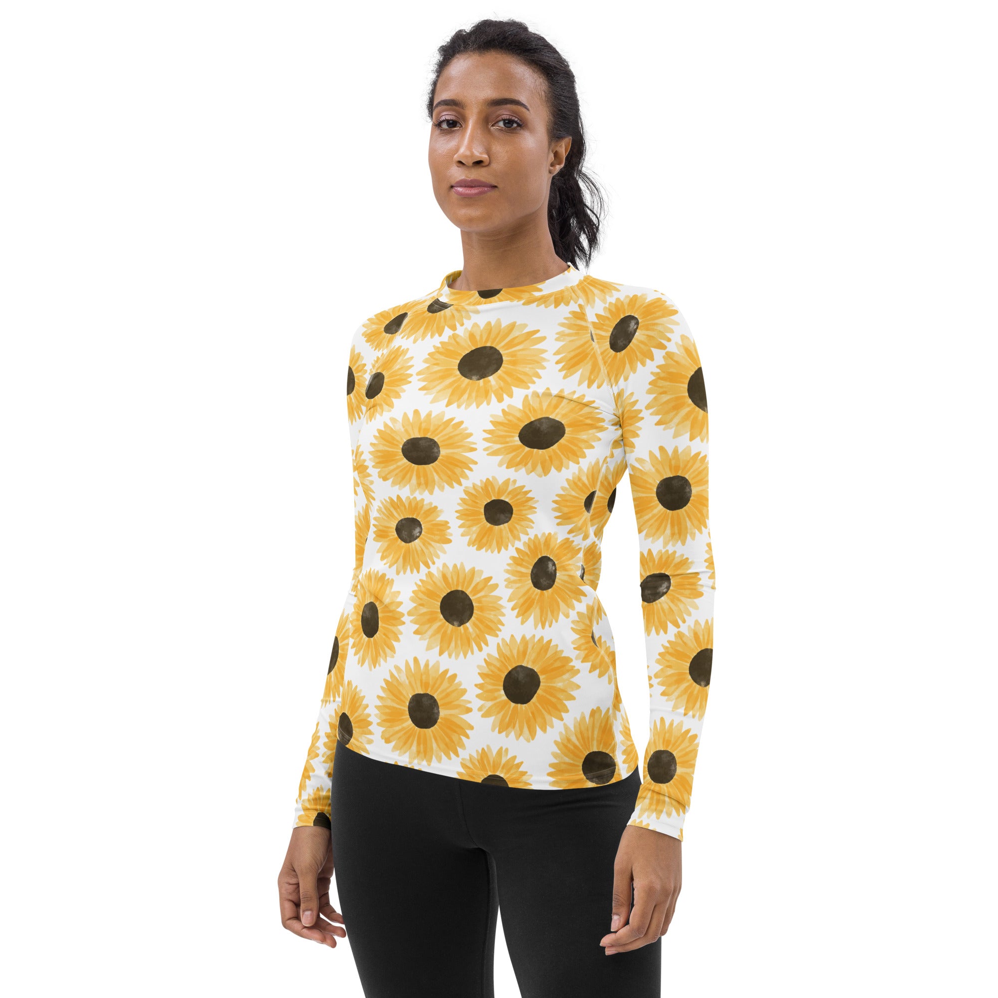 Women's Yellow Watercolor Sunflower Long Sleeve Rash Guard Swim Shirt – Buttery Soft, Sun Safe UPF 50+ Protection, Quick Dry & 4-Way Stretch Comfort