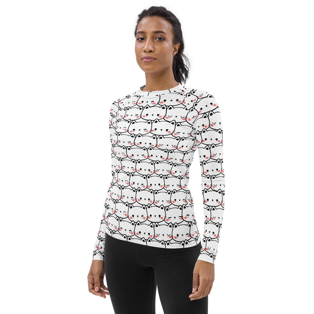 Women's Kawaii Cat Face Long Sleeve Rash Guard Swim Shirt – Buttery Soft, Sun Safe UPF 50+ Protection, Quick Dry & 4-Way Stretch Comfort
