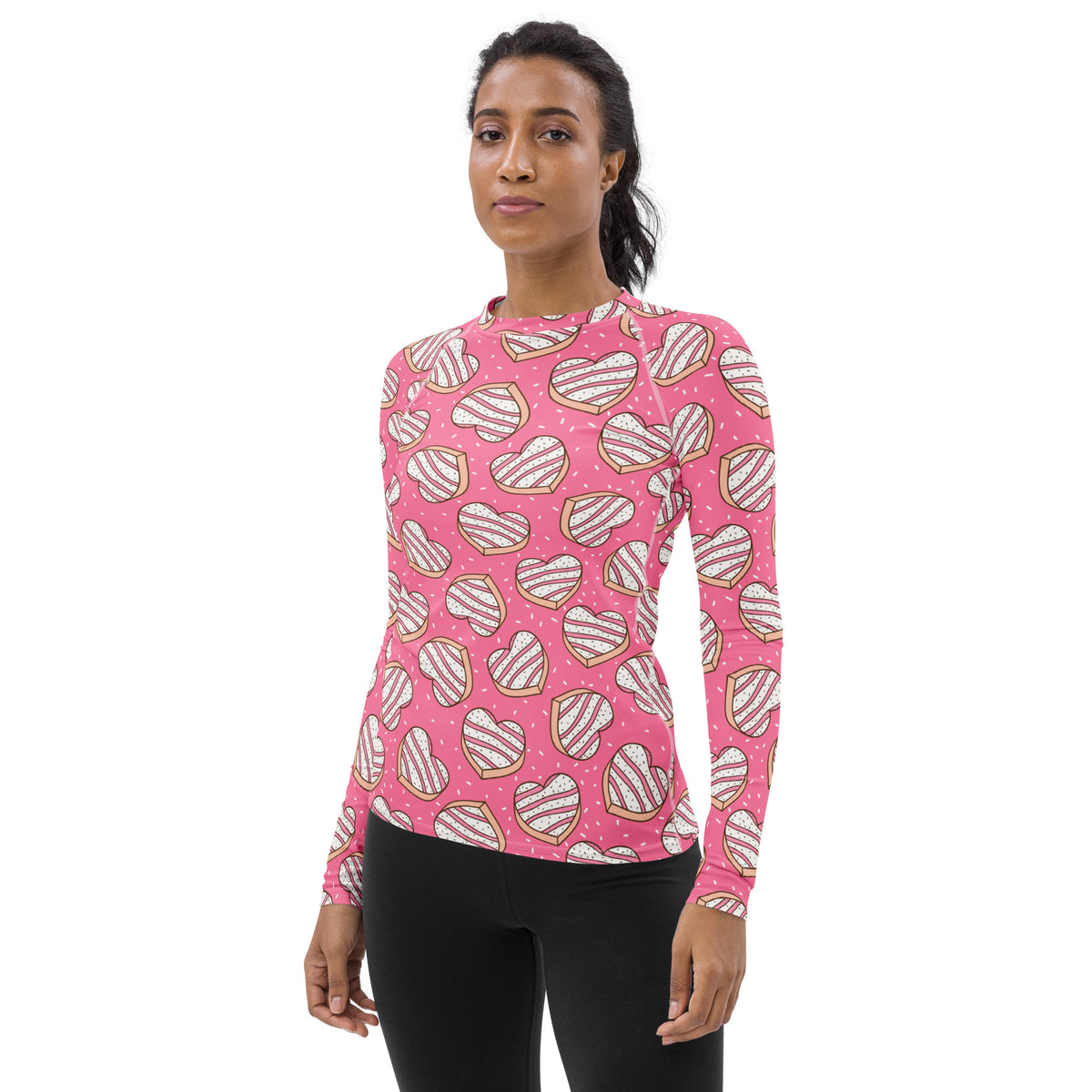 Women's Pink Heart Cookies Long Sleeve Rash Guard Swim Shirt – Buttery Soft, Sun Safe UPF 50+ Protection, Quick Dry & 4-Way Stretch Comfort