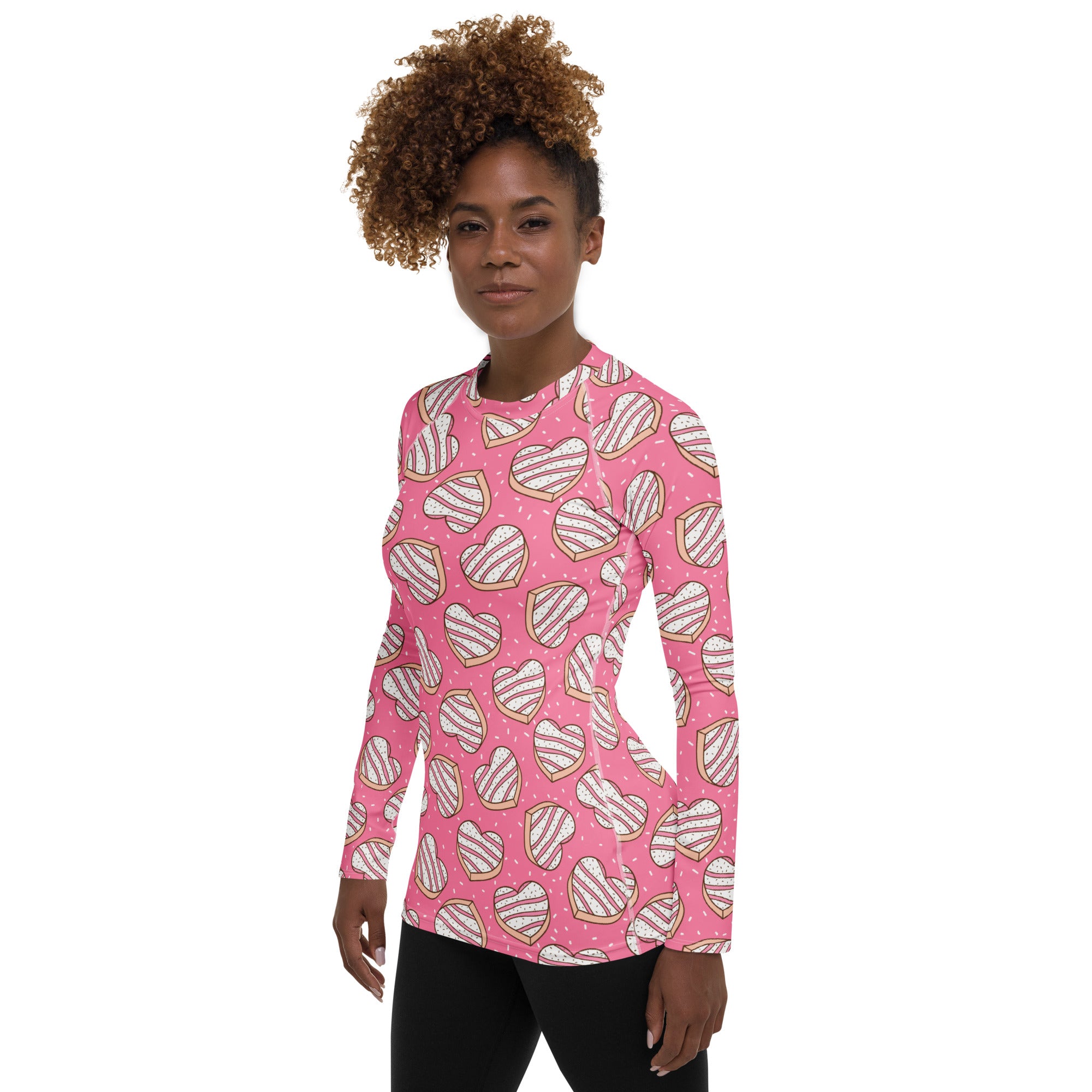 Women's Pink Heart Cookies Long Sleeve Rash Guard Swim Shirt – Buttery Soft, Sun Safe UPF 50+ Protection, Quick Dry & 4-Way Stretch Comfort