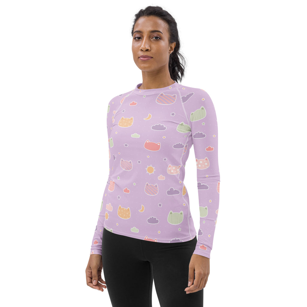 Women's Pastel Purple Kawaii Cat & Cloud Long Sleeve Rash Guard Swim Shirt – Buttery Soft, Sun Safe UPF 50+ Protection, Quick Dry & 4-Way Stretch Comfort
