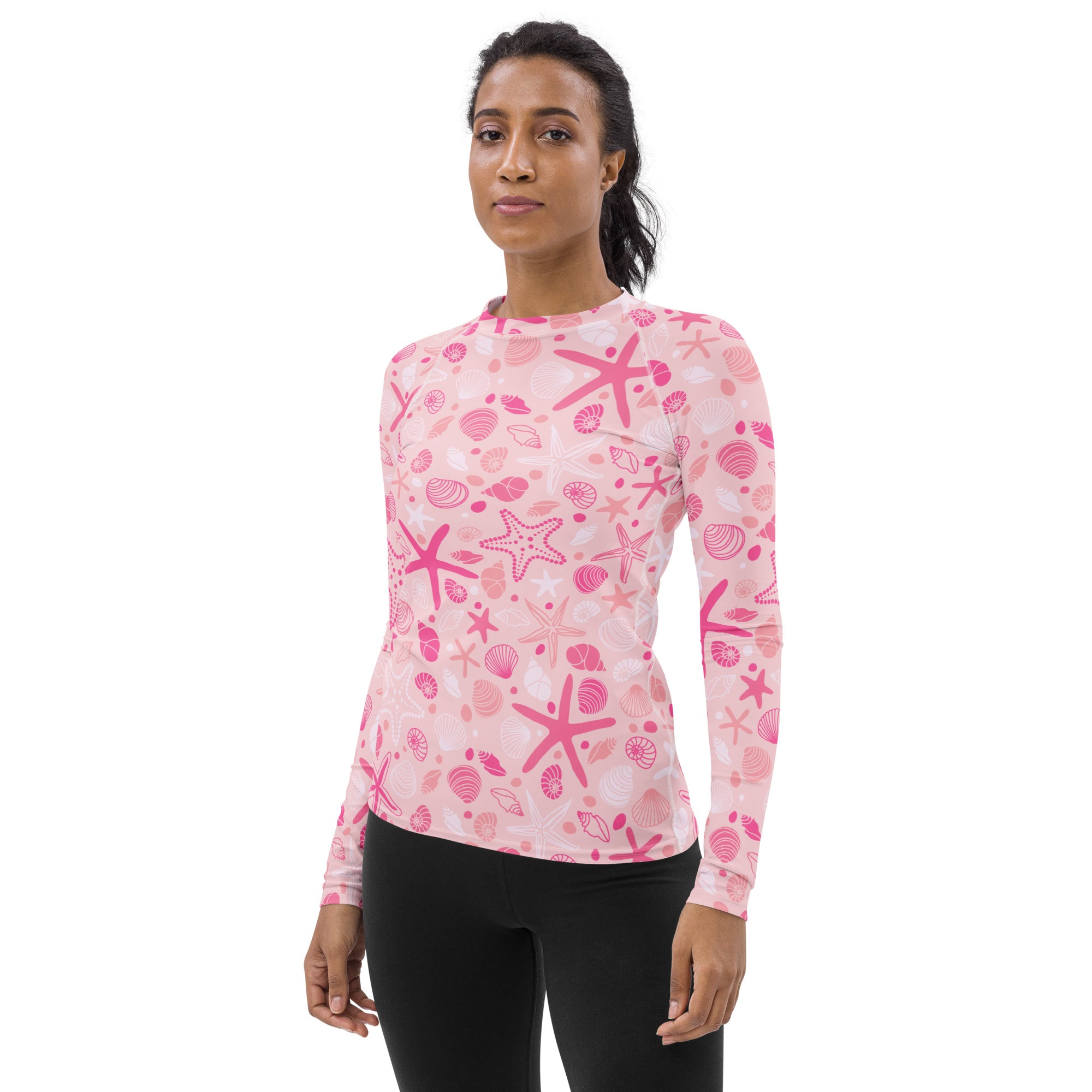 Women's Pink Starfish & Shells Long Sleeve Rash Guard Swim Shirt – Buttery Soft, Sun Safe UPF 50+ Protection, Quick Dry & 4-Way Stretch Comfort