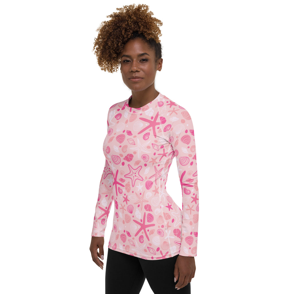 Women's Pink Starfish & Shells Long Sleeve Rash Guard Swim Shirt – Buttery Soft, Sun Safe UPF 50+ Protection, Quick Dry & 4-Way Stretch Comfort
