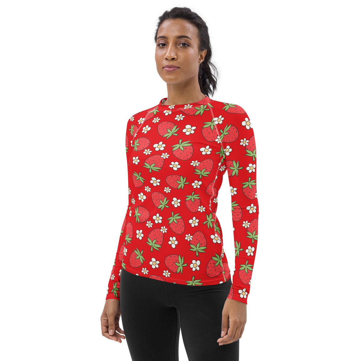 Women's Red Strawberry Long Sleeve Rash Guard Swim Shirt – Buttery Soft, Sun Safe UPF 50+ Protection, Quick Dry & 4-Way Stretch Comfort