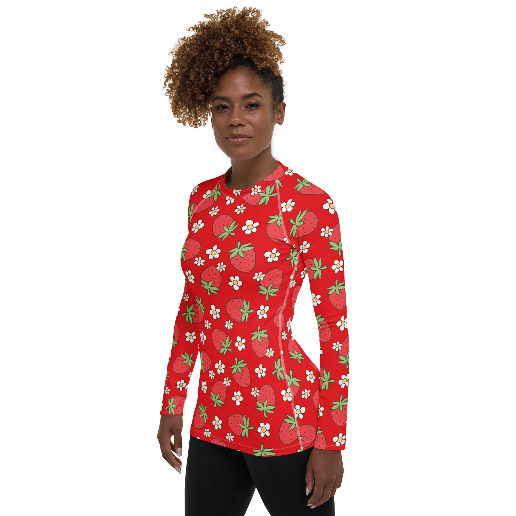 Women's Red Strawberry Long Sleeve Rash Guard Swim Shirt – Buttery Soft, Sun Safe UPF 50+ Protection, Quick Dry & 4-Way Stretch Comfort