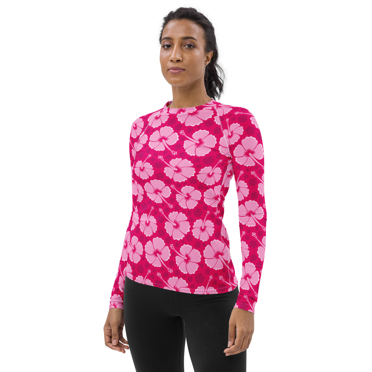 Women's Tropical Pink Hibiscus Long Sleeve Rash Guard Swim Shirt – Buttery Soft, Sun Safe UPF 50+ Protection, Quick Dry & 4-Way Stretch Comfort