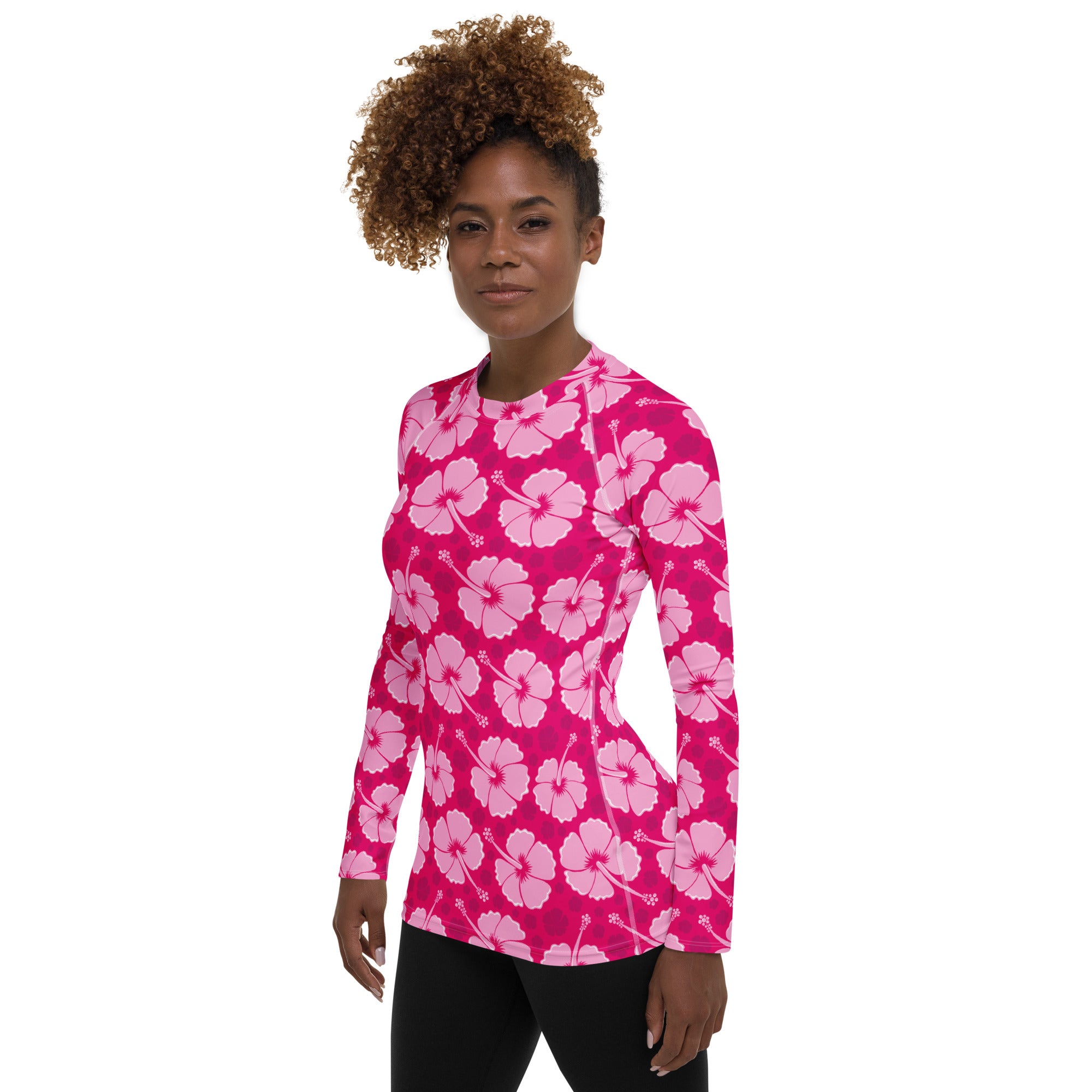 Women's Tropical Pink Hibiscus Long Sleeve Rash Guard Swim Shirt – Buttery Soft, Sun Safe UPF 50+ Protection, Quick Dry & 4-Way Stretch Comfort