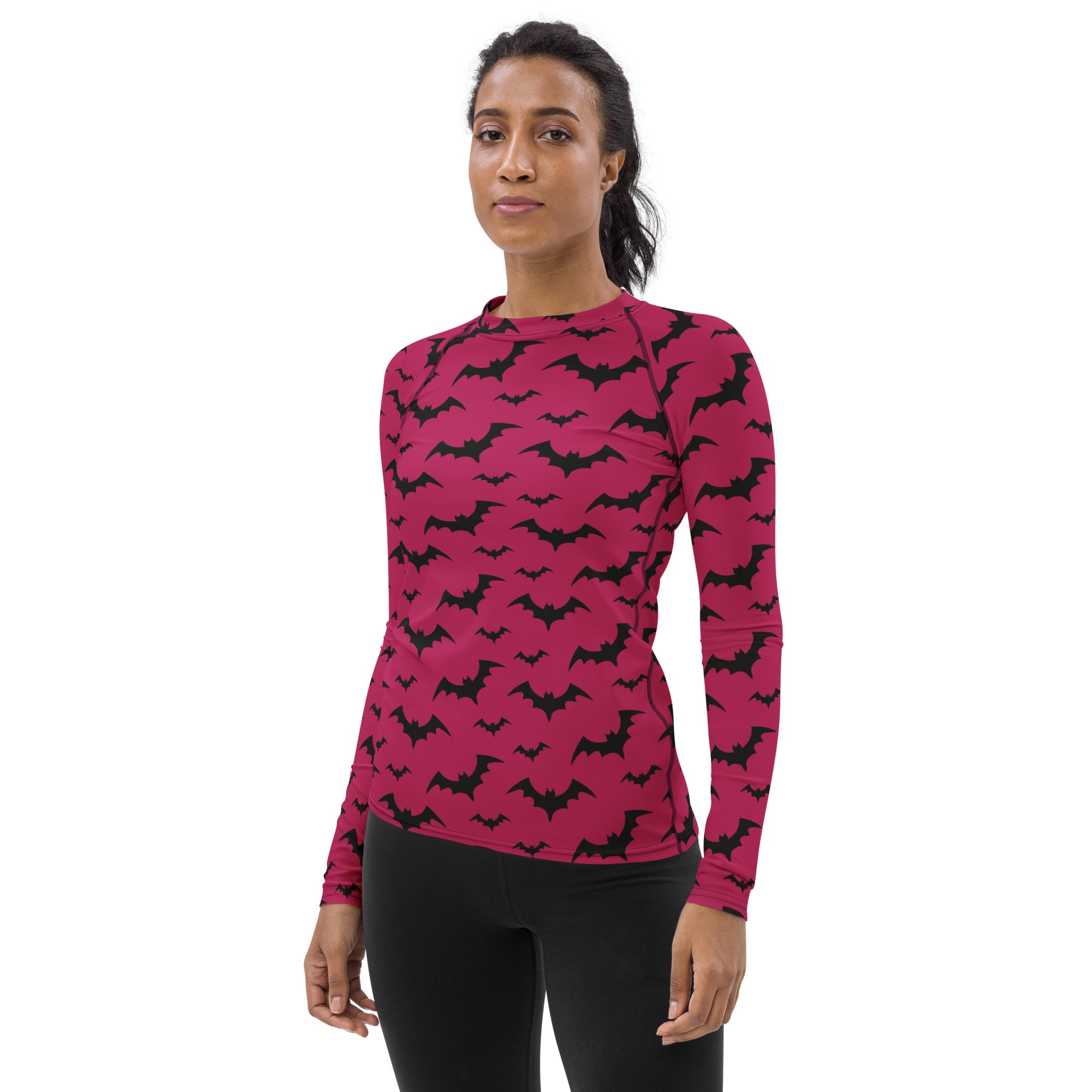 Women's Pink Bat Halloween Long Sleeve Rash Guard Swim Shirt – Buttery Soft, Sun Safe UPF 50+ Protection, Quick Dry & 4-Way Stretch Comfort