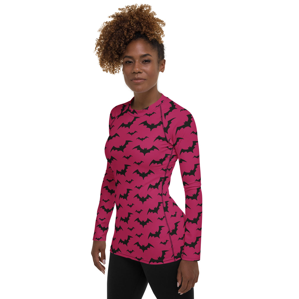 Women's Pink Bat Halloween Long Sleeve Rash Guard Swim Shirt – Buttery Soft, Sun Safe UPF 50+ Protection, Quick Dry & 4-Way Stretch Comfort