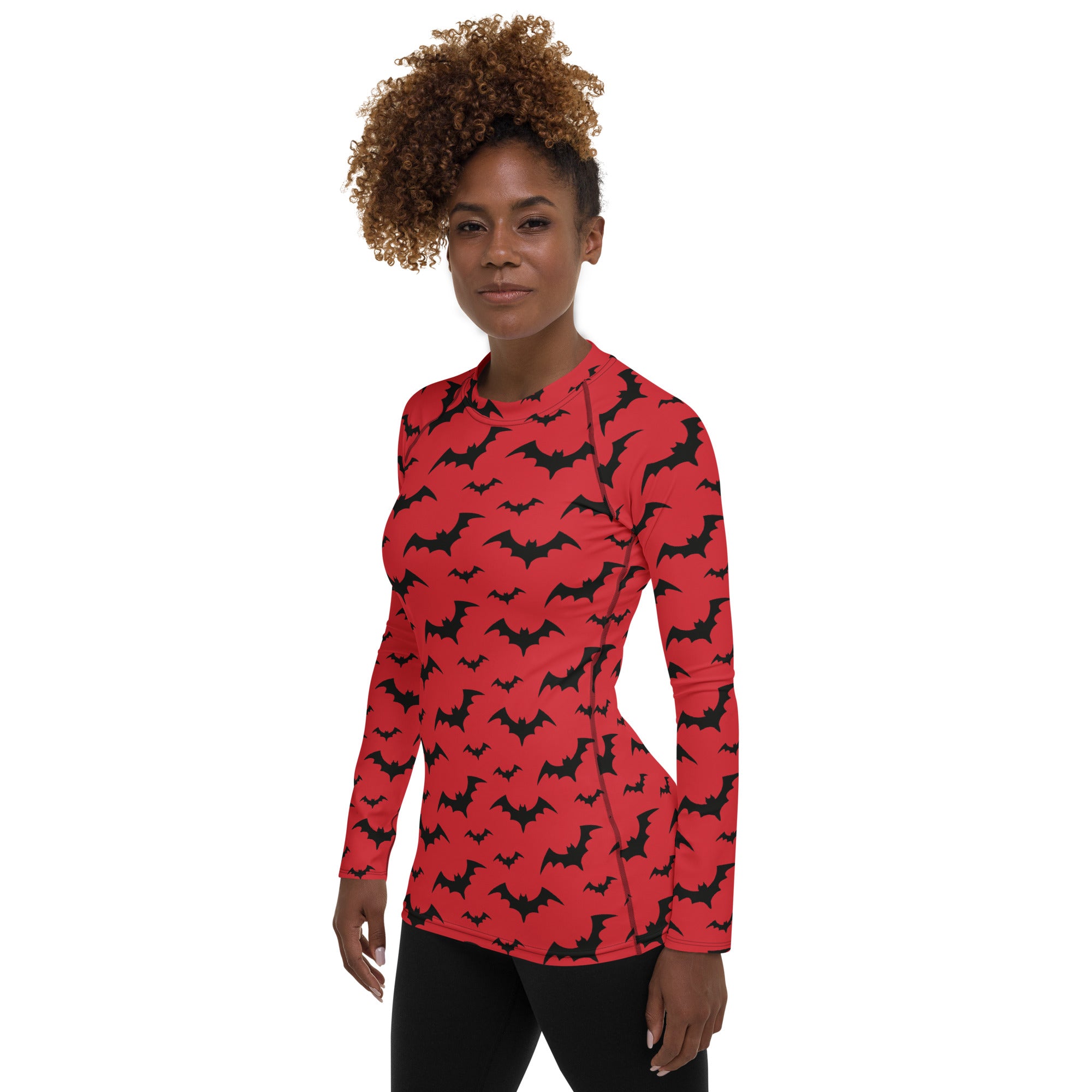 Women's Red Bat Halloween Long Sleeve Rash Guard Swim Shirt – Buttery Soft, Sun Safe UPF 50+ Protection, Quick Dry & 4-Way Stretch Comfort