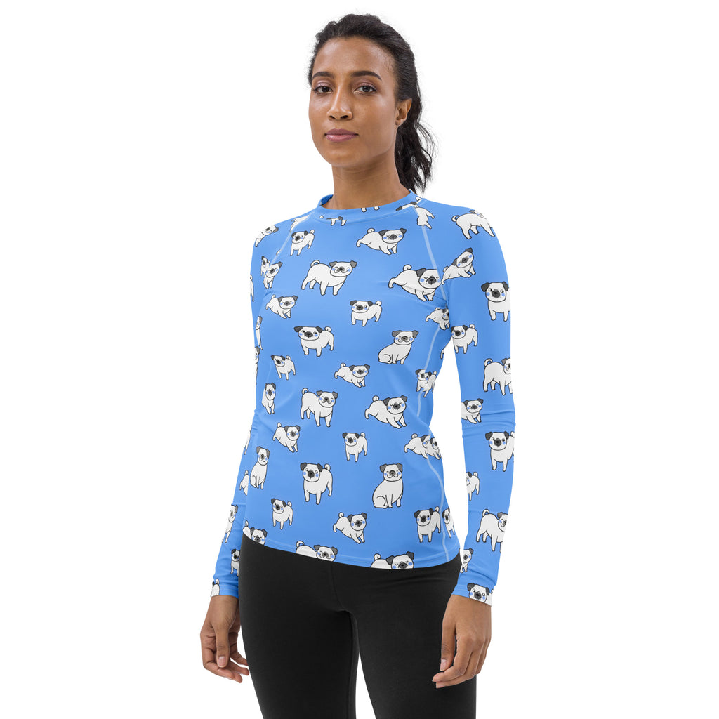 Women's Blue Pug Long Sleeve Rash Guard Swim Shirt – Buttery Soft, Sun Safe UPF 50+ Protection, Quick Dry & 4-Way Stretch Comfort