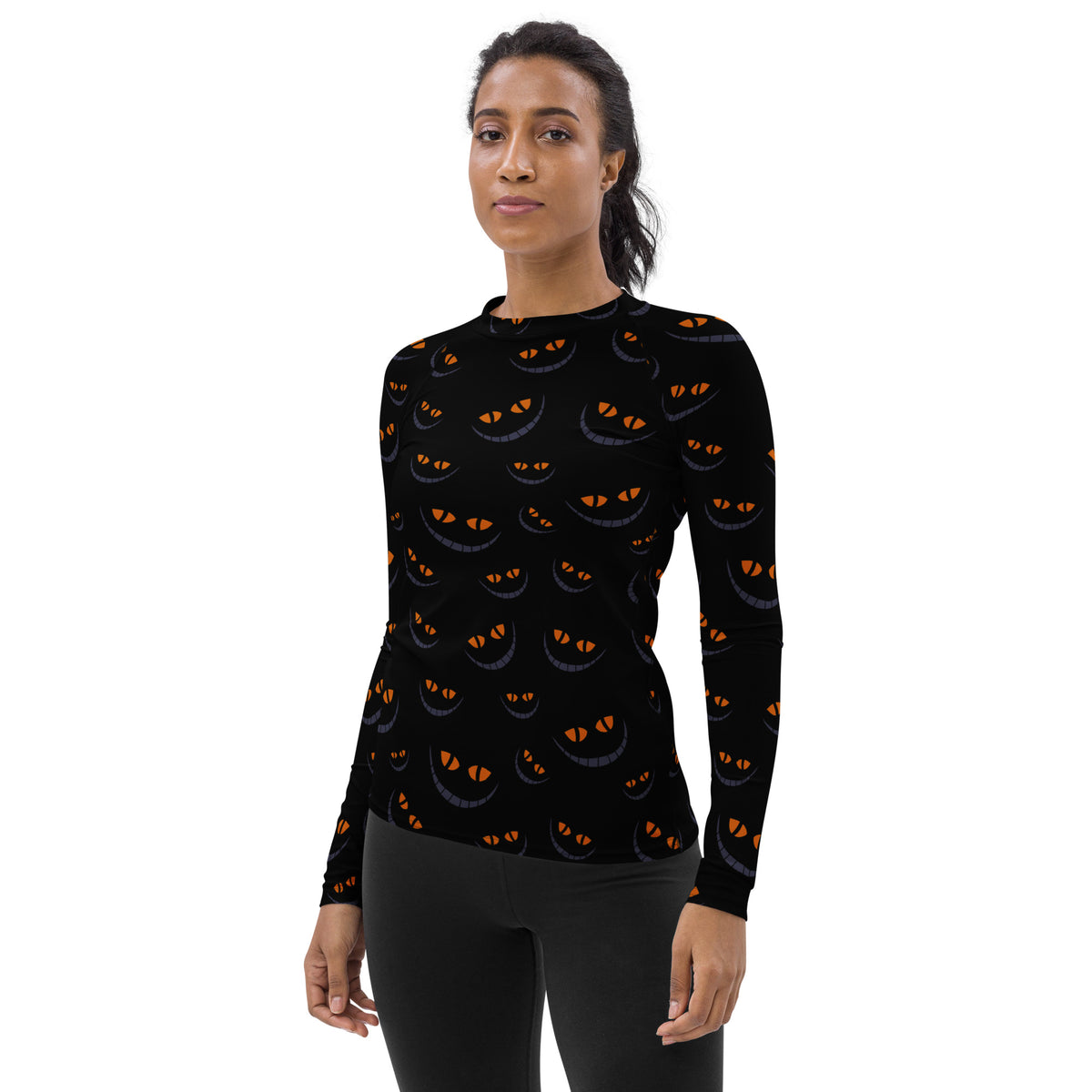 Women's Spooky Cat Smile Long Sleeve Rash Guard Swim Shirt – Buttery Soft, Sun Safe UPF 50+ Protection, Quick Dry & 4-Way Stretch Comfort