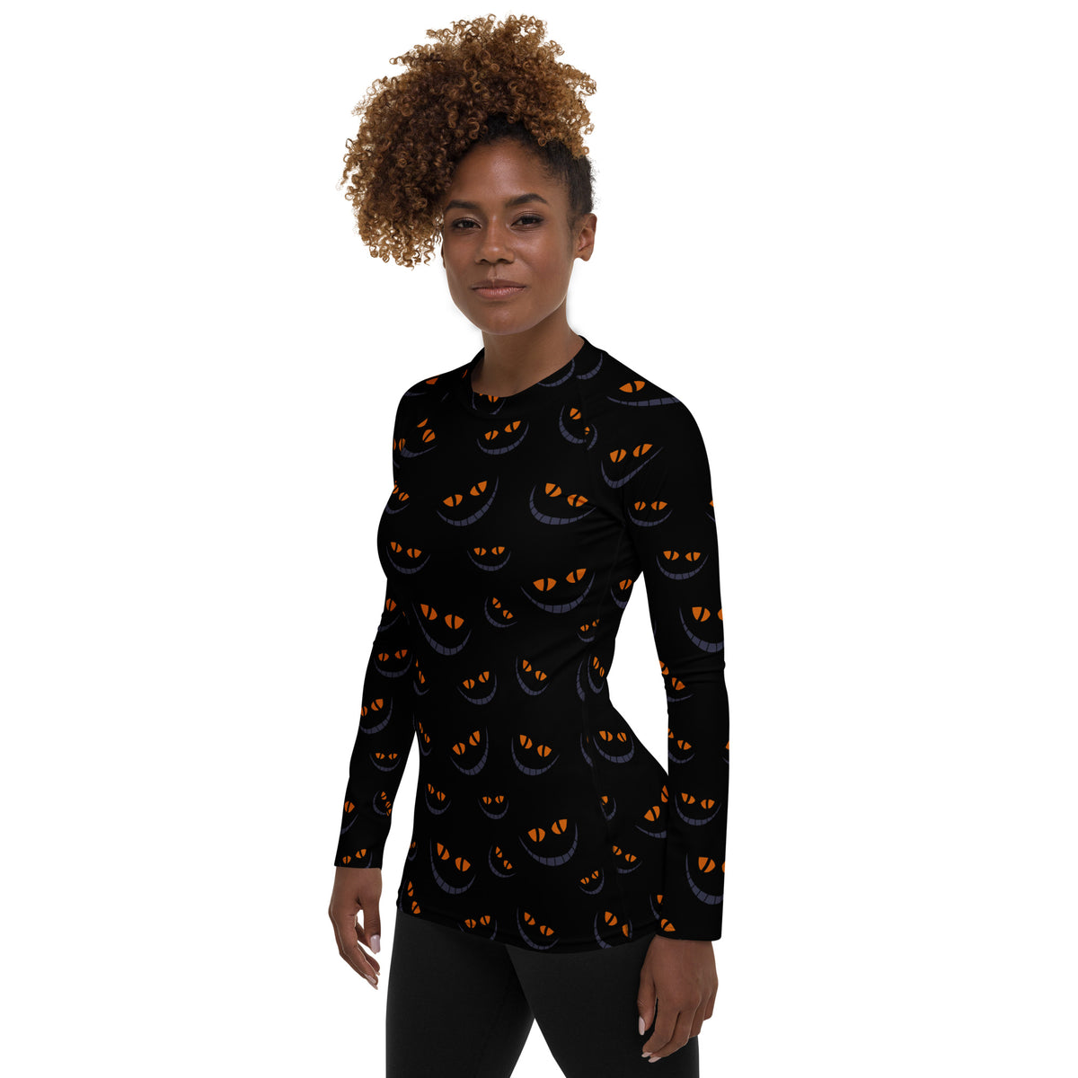 Women's Spooky Cat Smile Long Sleeve Rash Guard Swim Shirt – Buttery Soft, Sun Safe UPF 50+ Protection, Quick Dry & 4-Way Stretch Comfort