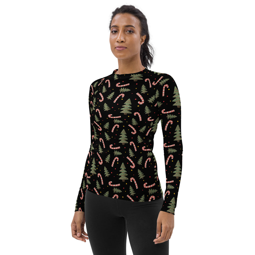 Women's Candy Cane Christmas Tree Long Sleeve Rash Guard Swim Shirt – Buttery Soft, Sun Safe UPF 50+ Protection, Quick Dry & 4-Way Stretch Comfort