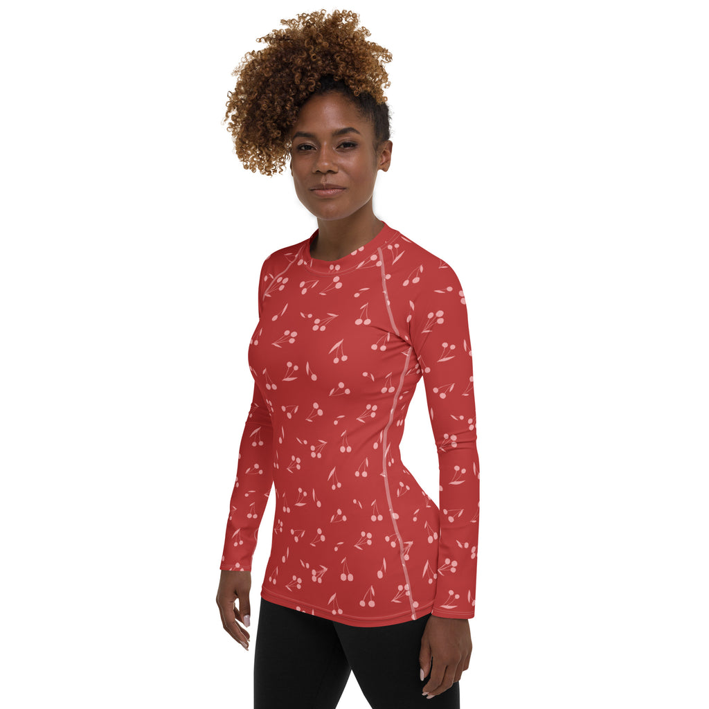 Women's Red Cherry Long Sleeve Rash Guard Swim Shirt – Buttery Soft, Sun Safe UPF 50+ Protection, Quick Dry & 4-Way Stretch Comfort