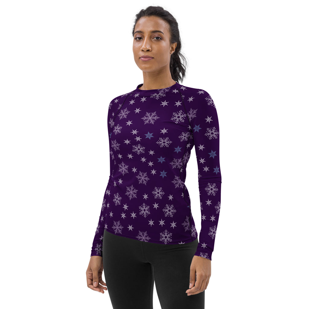 Women's Purple Snowflake Long Sleeve Rash Guard Swim Shirt – Buttery Soft, Sun Safe UPF 50+ Protection, Quick Dry & 4-Way Stretch Comfort