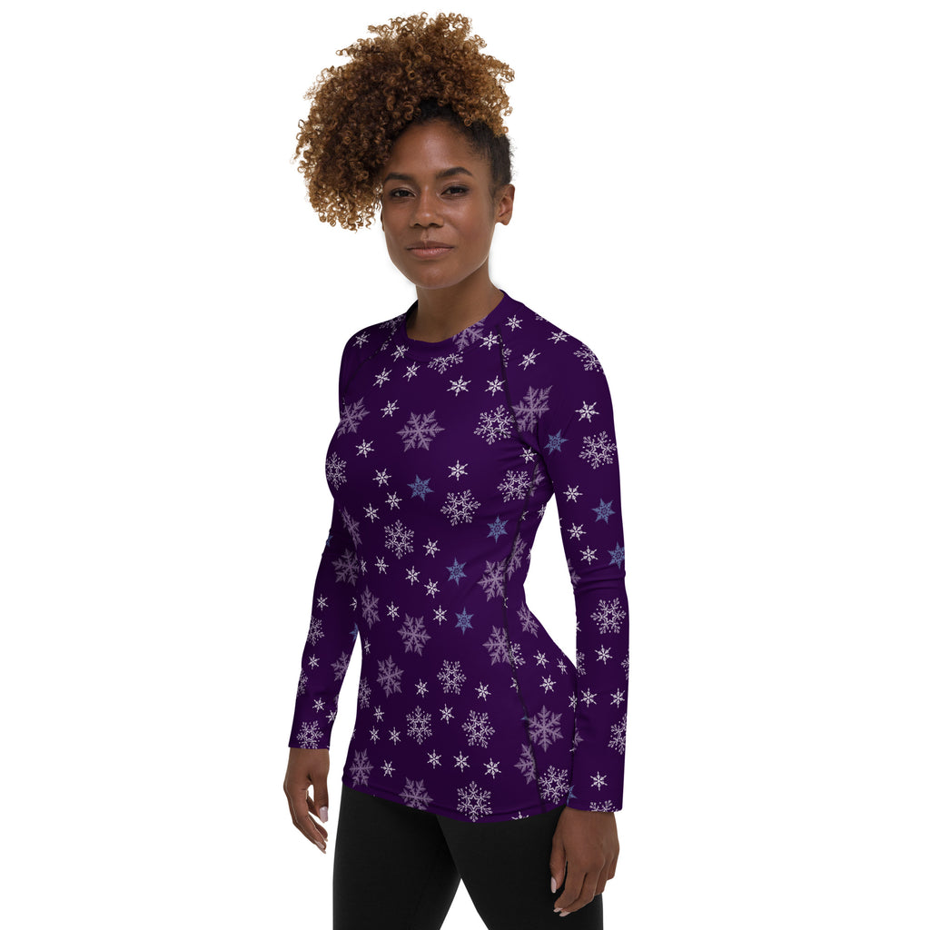 Women's Purple Snowflake Long Sleeve Rash Guard Swim Shirt – Buttery Soft, Sun Safe UPF 50+ Protection, Quick Dry & 4-Way Stretch Comfort