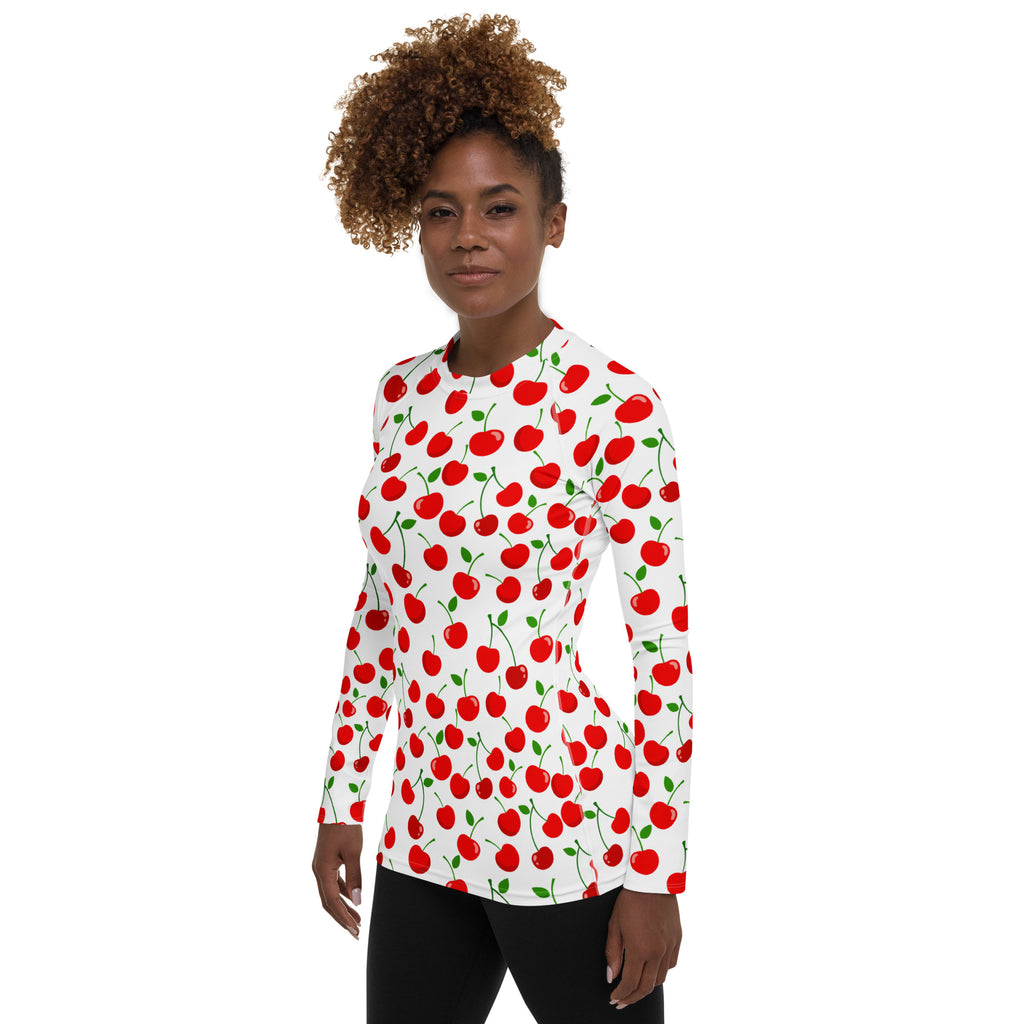Women's Red Cherry Long Sleeve Rash Guard Swim Shirt – Buttery Soft, Sun Safe UPF 50+ Protection, Quick Dry & 4-Way Stretch Comfort