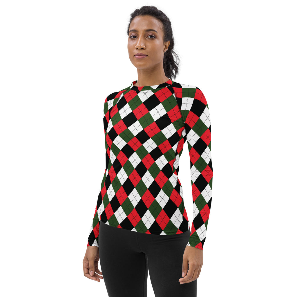 Women's Christmas Argyle Long Sleeve Rash Guard Swim Shirt – Buttery Soft, Sun Safe UPF 50+ Protection, Quick Dry & 4-Way Stretch Comfort