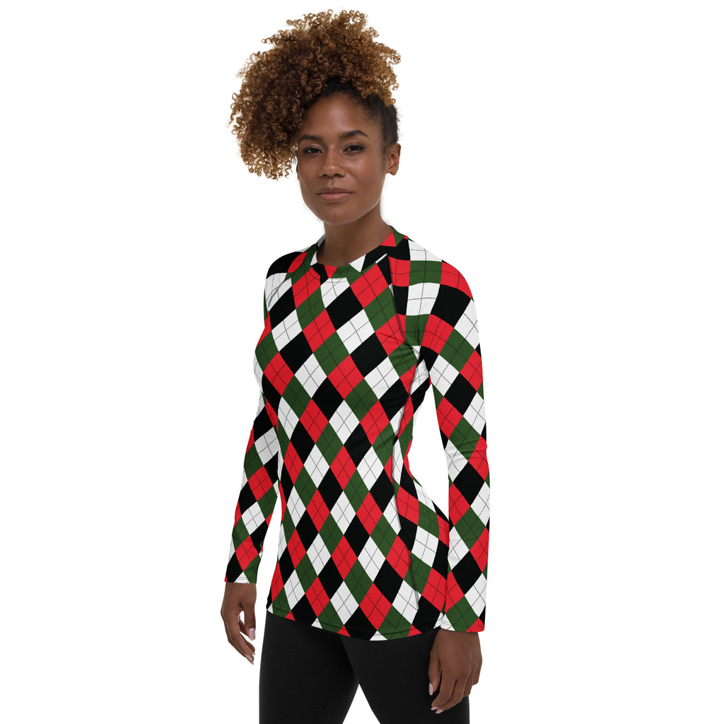 Women's Christmas Argyle Long Sleeve Rash Guard Swim Shirt – Buttery Soft, Sun Safe UPF 50+ Protection, Quick Dry & 4-Way Stretch Comfort