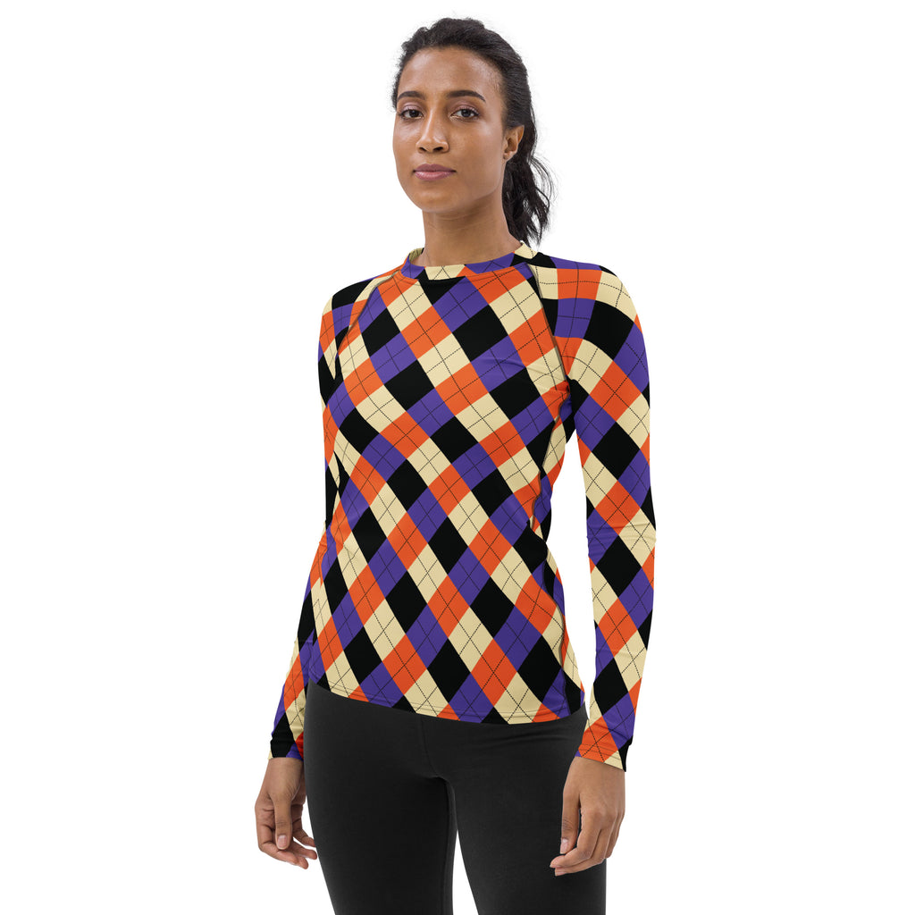 Women's Halloween Argyle Long Sleeve Rash Guard Swim Shirt – Buttery Soft, Sun Safe UPF 50+ Protection, Quick Dry & 4-Way Stretch Comfort