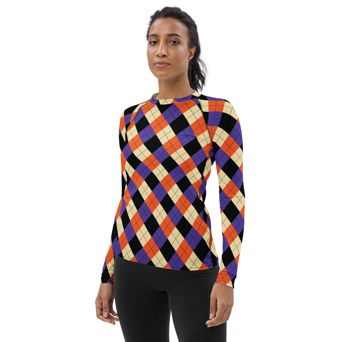 Women's Halloween Argyle Long Sleeve Rash Guard Swim Shirt – Buttery Soft, Sun Safe UPF 50+ Protection, Quick Dry & 4-Way Stretch Comfort