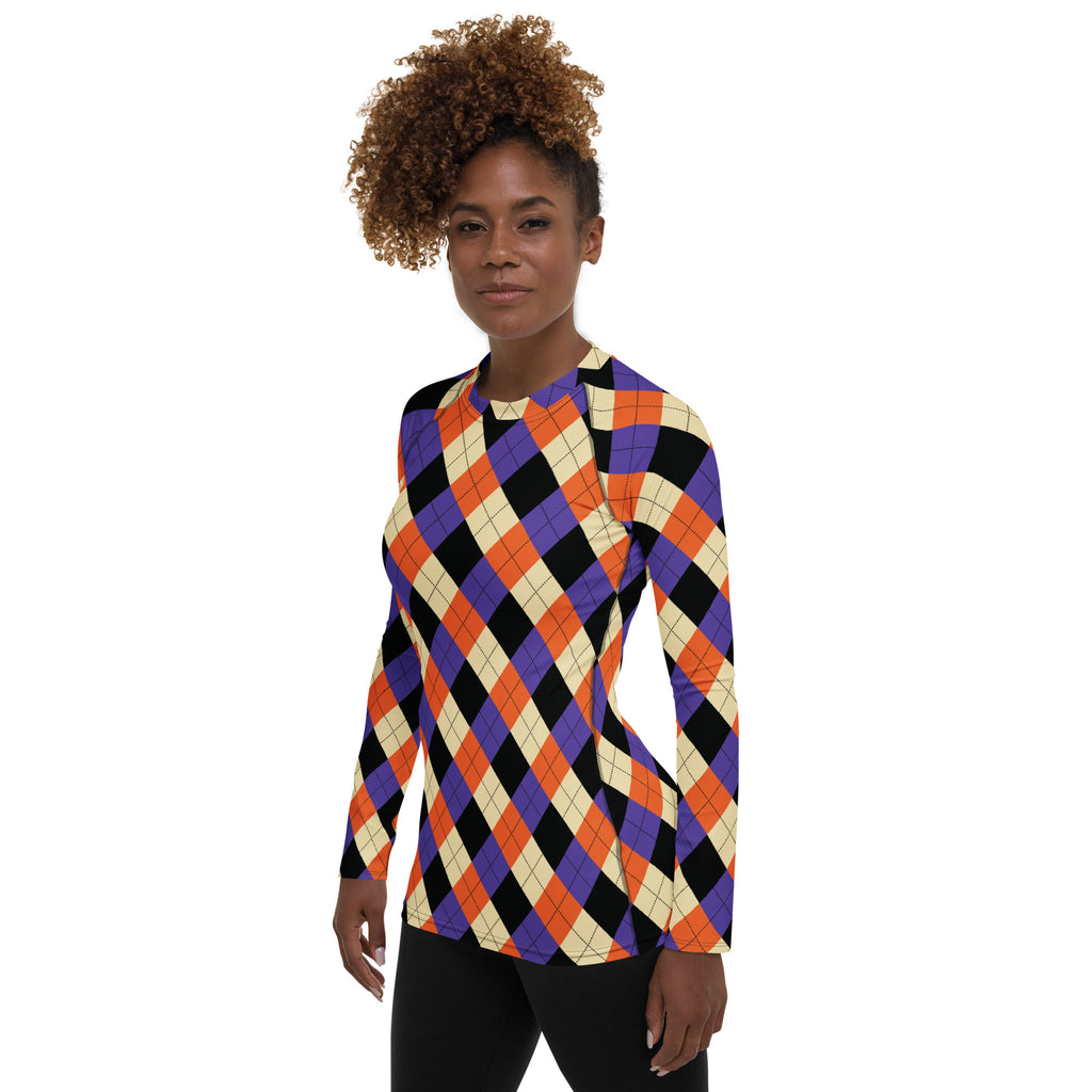Women's Halloween Argyle Long Sleeve Rash Guard Swim Shirt – Buttery Soft, Sun Safe UPF 50+ Protection, Quick Dry & 4-Way Stretch Comfort