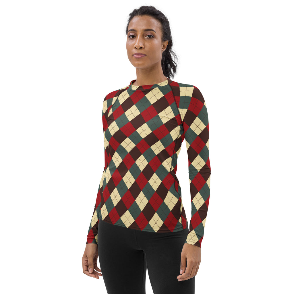 Women's Red Green Brown Christmas Argyle Long Sleeve Rash Guard Swim Shirt – Buttery Soft, Sun Safe UPF 50+ Protection, Quick Dry & 4-Way Stretch Comfort