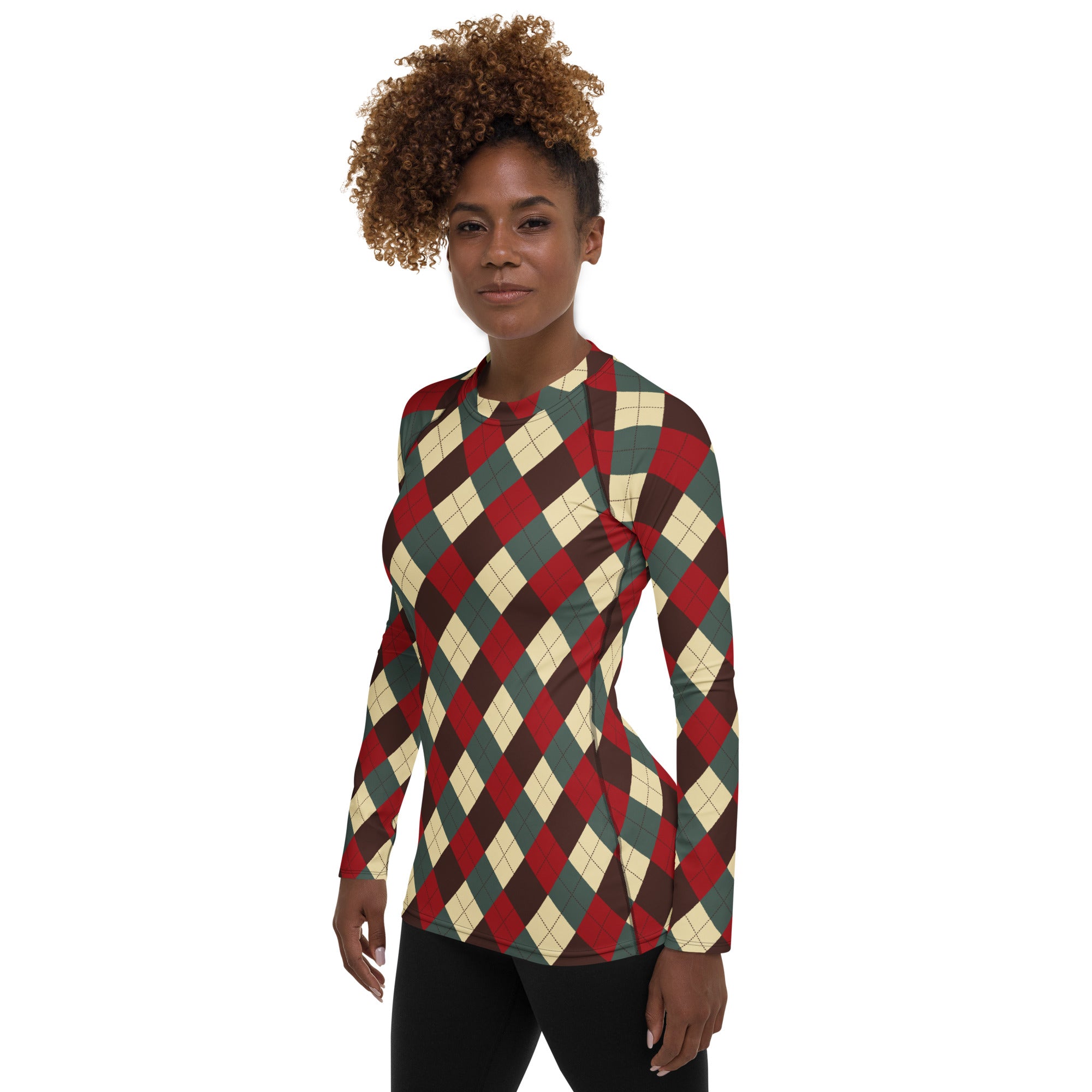 Women's Red Green Brown Christmas Argyle Long Sleeve Rash Guard Swim Shirt – Buttery Soft, Sun Safe UPF 50+ Protection, Quick Dry & 4-Way Stretch Comfort