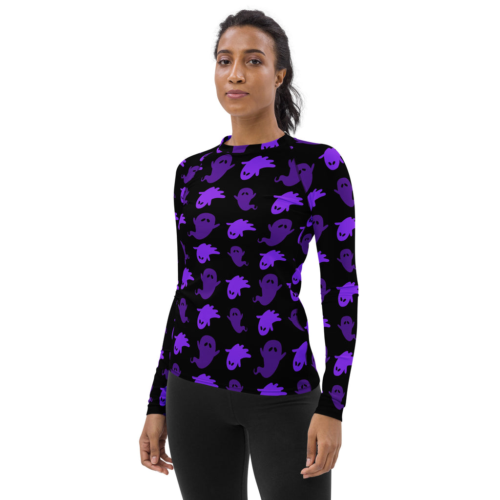 Women's Purple Ghost Halloween Long Sleeve Rash Guard Swim Shirt – Buttery Soft, Sun Safe UPF 50+ Protection, Quick Dry & 4-Way Stretch Comfort