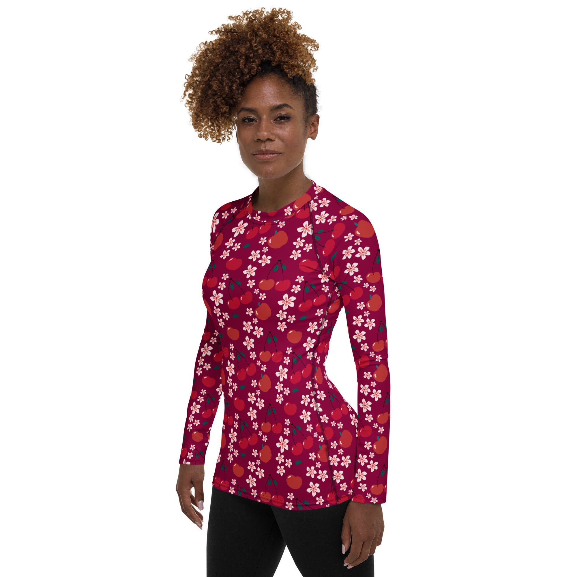 Women's Burgundy Cherry Floral Long Sleeve Rash Guard Swim Shirt – Buttery Soft, Sun Safe UPF 50+ Protection, Quick Dry & 4-Way Stretch Comfort