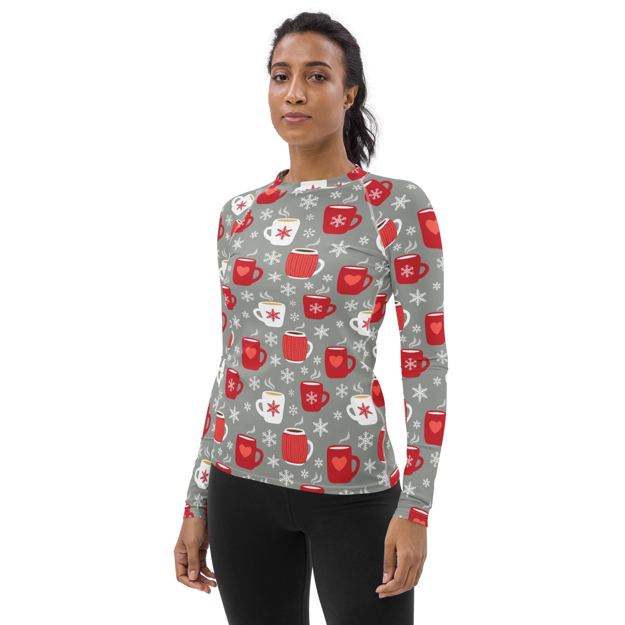 Women's Christmas Coffee Long Sleeve Rash Guard Swim Shirt – Buttery Soft, Sun Safe UPF 50+ Protection, Quick Dry & 4-Way Stretch Comfort