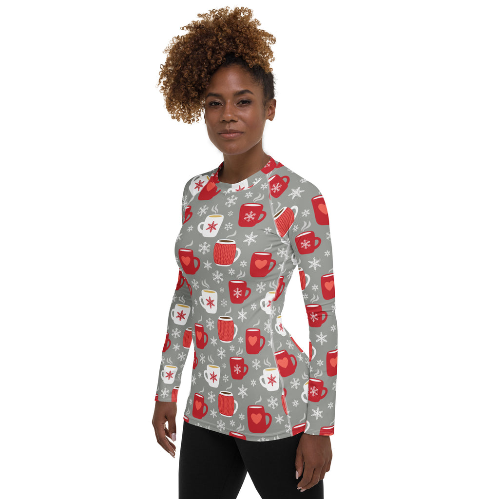 Women's Christmas Coffee Long Sleeve Rash Guard Swim Shirt – Buttery Soft, Sun Safe UPF 50+ Protection, Quick Dry & 4-Way Stretch Comfort