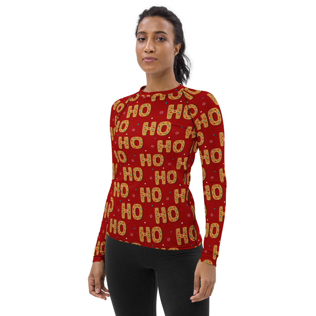 Women's Gingerbread Ho Ho Ho Christmas Long Sleeve Rash Guard Swim Shirt – Buttery Soft, Sun Safe UPF 50+ Protection, Quick Dry & 4-Way Stretch Comfort