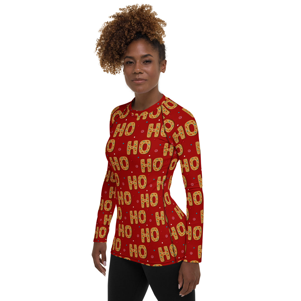 Women's Gingerbread Ho Ho Ho Christmas Long Sleeve Rash Guard Swim Shirt – Buttery Soft, Sun Safe UPF 50+ Protection, Quick Dry & 4-Way Stretch Comfort