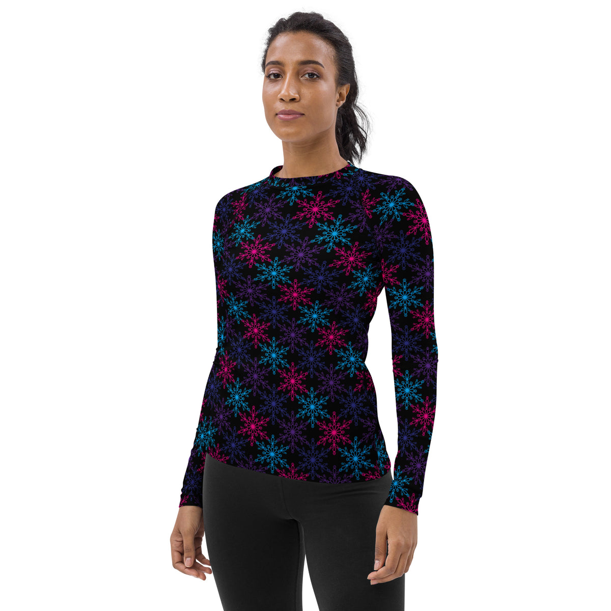 Women's Neon Snowflake Long Sleeve Rash Guard Swim Shirt – Buttery Soft, Sun Safe UPF 50+ Protection, Quick Dry & 4-Way Stretch Comfort