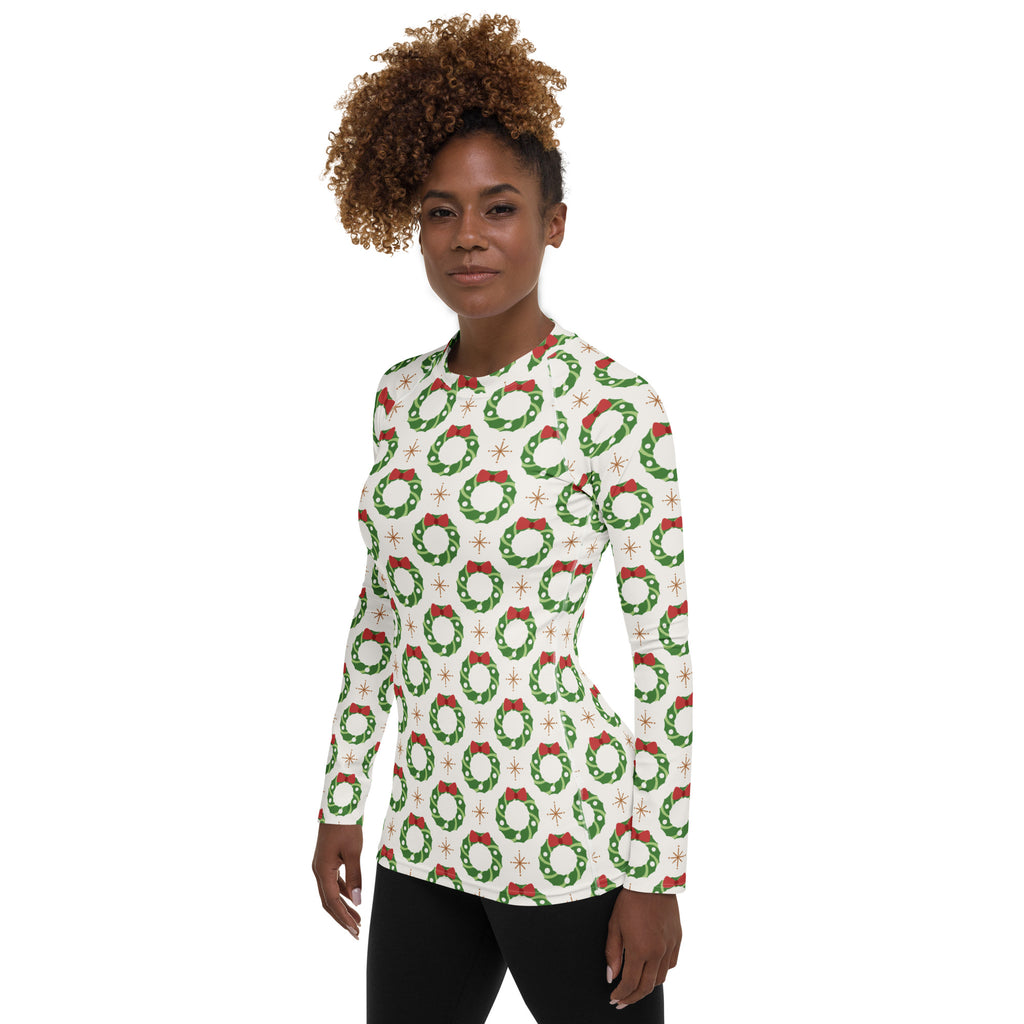 Women's Christmas Wreath Long Sleeve Rash Guard Swim Shirt – Buttery Soft, Sun Safe UPF 50+ Protection, Quick Dry & 4-Way Stretch Comfort