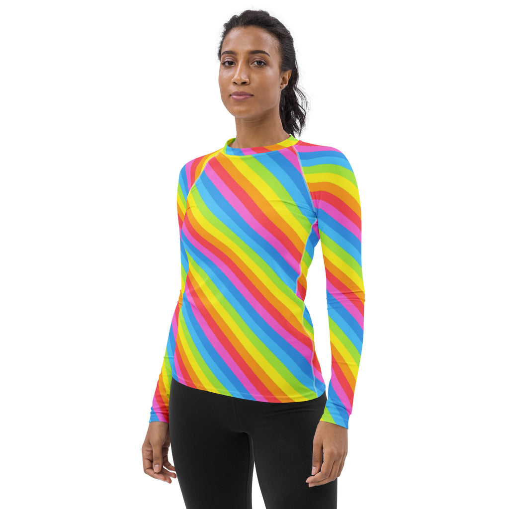 Women's Rainbow Stripe Long Sleeve Rash Guard Swim Shirt – Buttery Soft, Sun Safe UPF 50+ Protection, Quick Dry & 4-Way Stretch Comfort