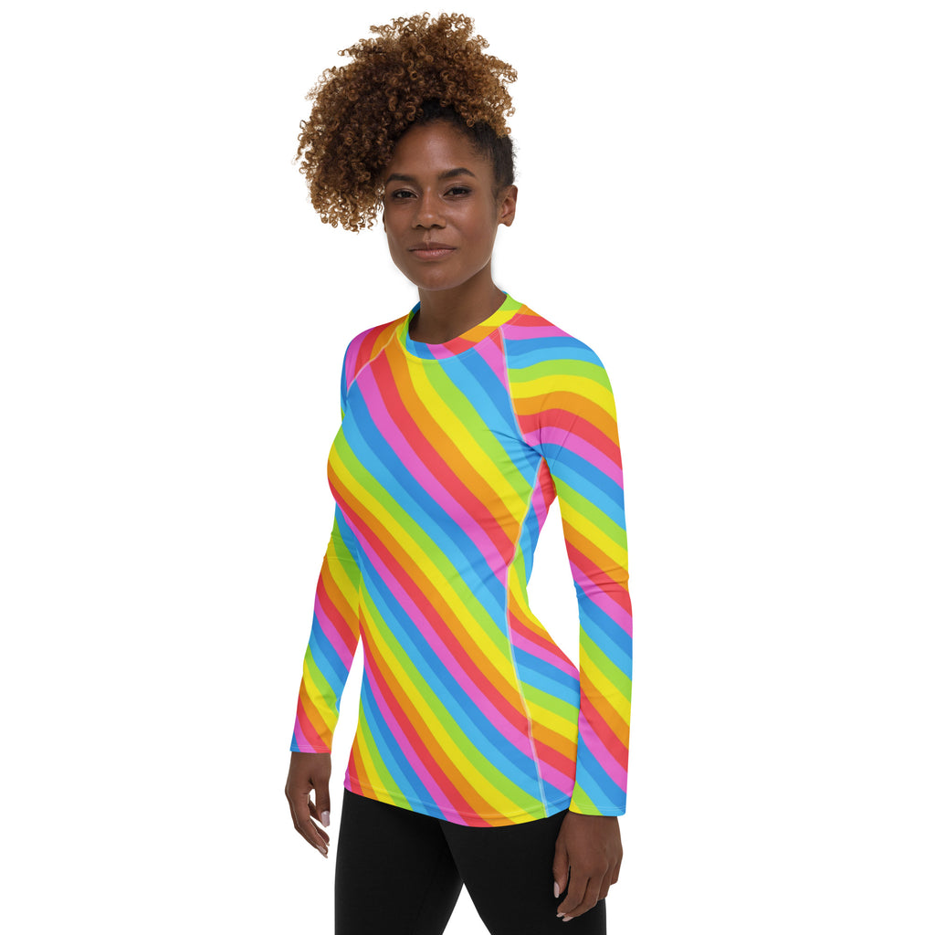 Women's Rainbow Stripe Long Sleeve Rash Guard Swim Shirt – Buttery Soft, Sun Safe UPF 50+ Protection, Quick Dry & 4-Way Stretch Comfort