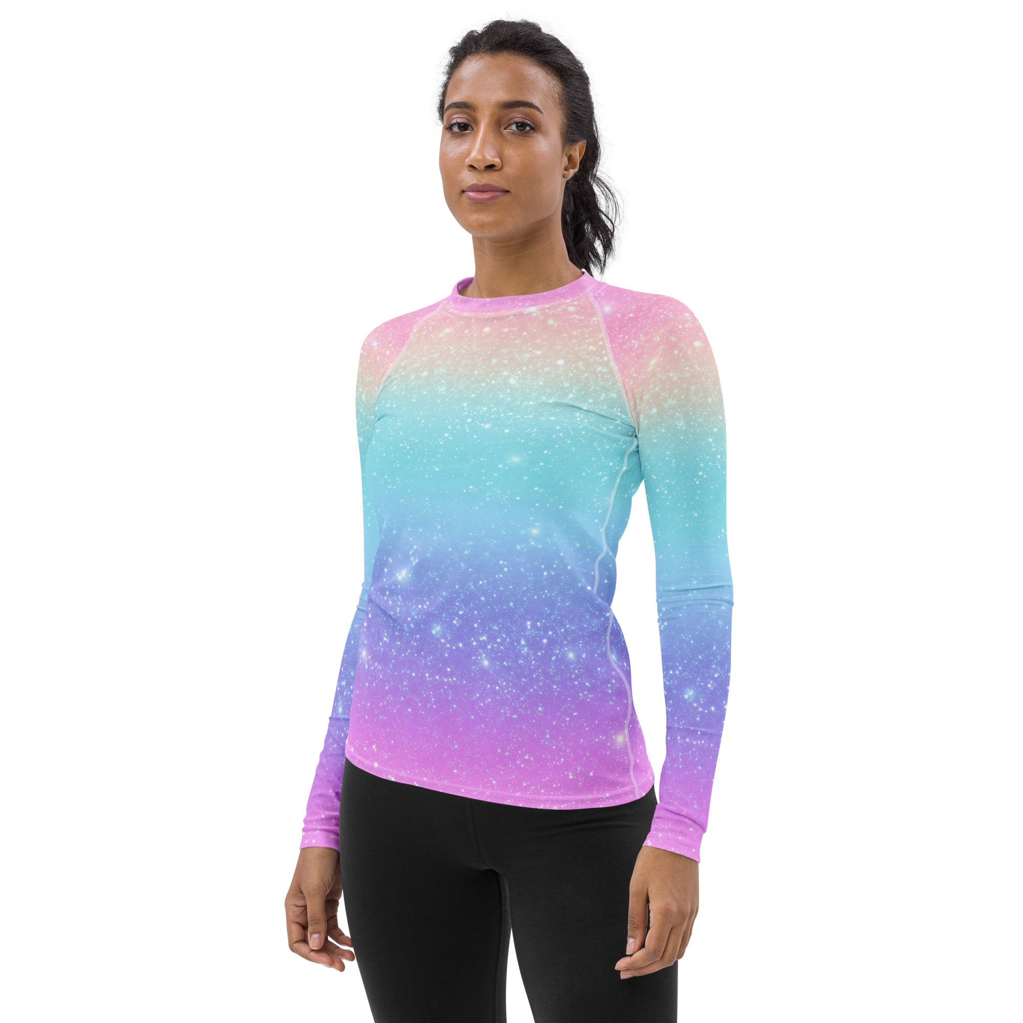 Women's Faux Sparkle Effect Long Sleeve Rash Guard Swim Shirt – Buttery Soft, Sun Safe UPF 50+ Protection, Quick Dry & 4-Way Stretch Comfort