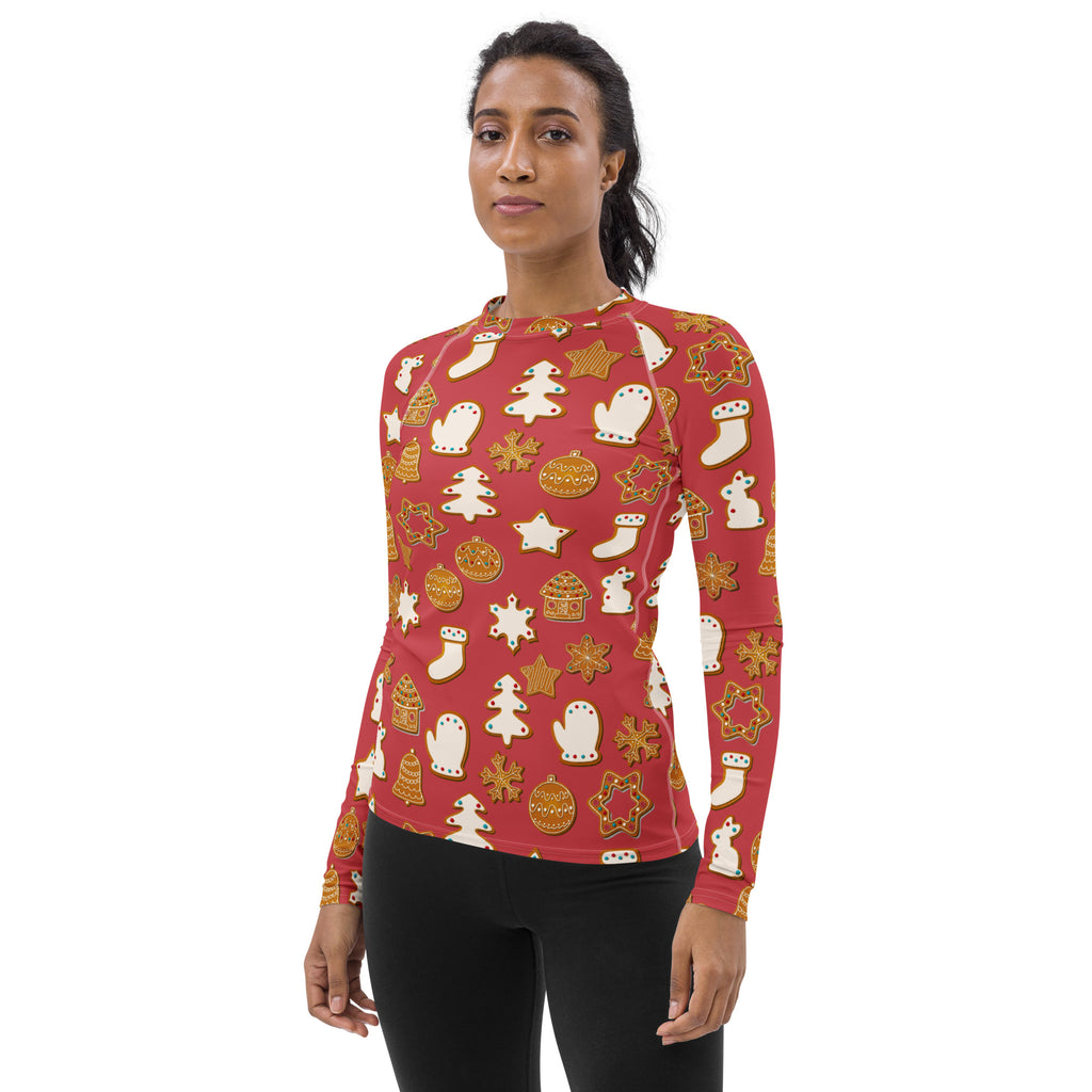 Women's Red Christmas Cookie Long Sleeve Rash Guard Swim Shirt – Buttery Soft, Sun Safe UPF 50+ Protection, Quick Dry & 4-Way Stretch Comfort
