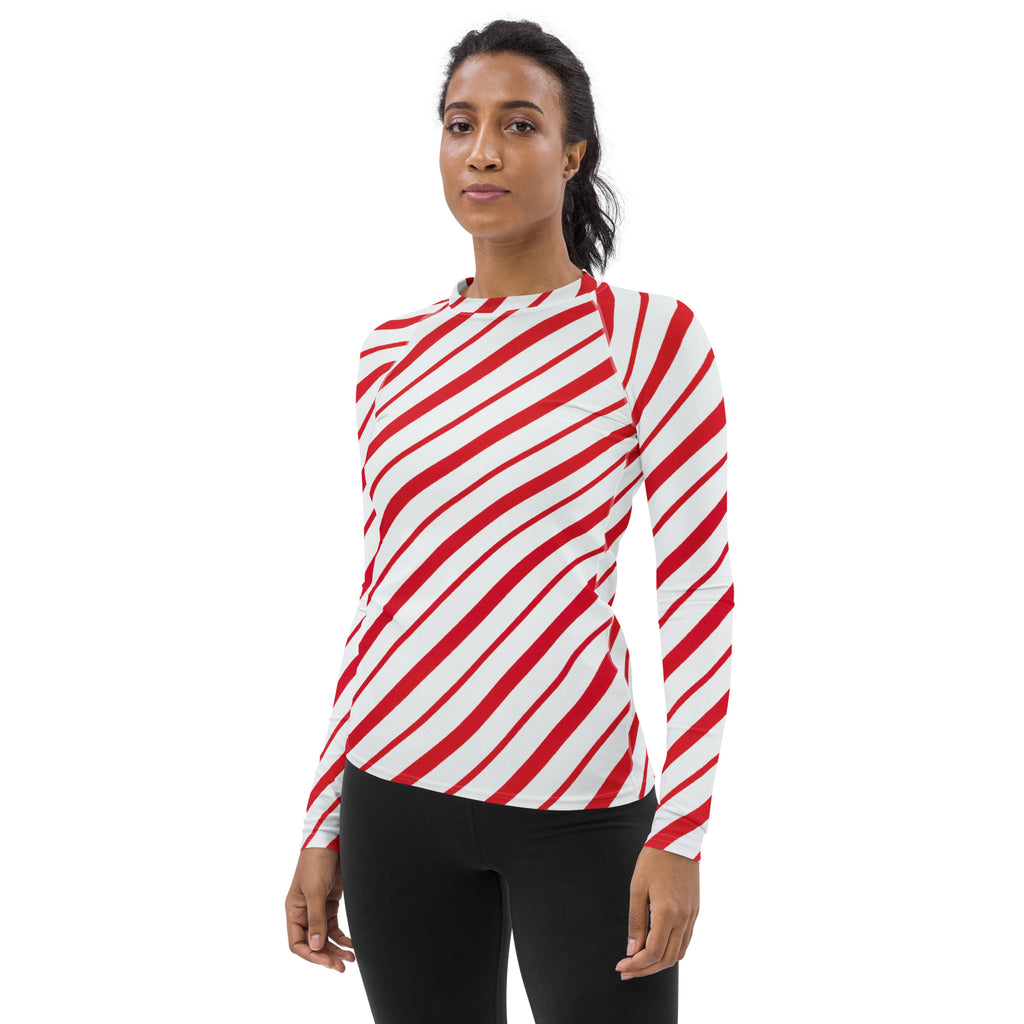 Women's Red Candy Cane Stripe Long Sleeve Rash Guard Swim Shirt – Buttery Soft, Sun Safe UPF 50+ Protection, Quick Dry & 4-Way Stretch Comfort
