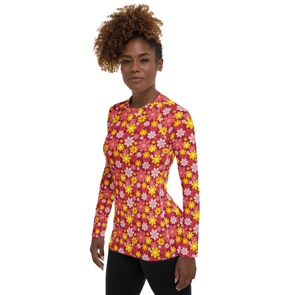 Women's Red Floral Long Sleeve Rash Guard Swim Shirt – Buttery Soft, Sun Safe UPF 50+ Protection, Quick Dry & 4-Way Stretch Comfort