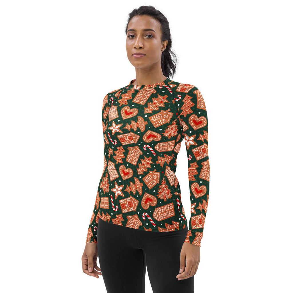 Women's Green Gingerbread Cookie Long Sleeve Rash Guard Swim Shirt – Buttery Soft, Sun Safe UPF 50+ Protection, Quick Dry & 4-Way Stretch Comfort