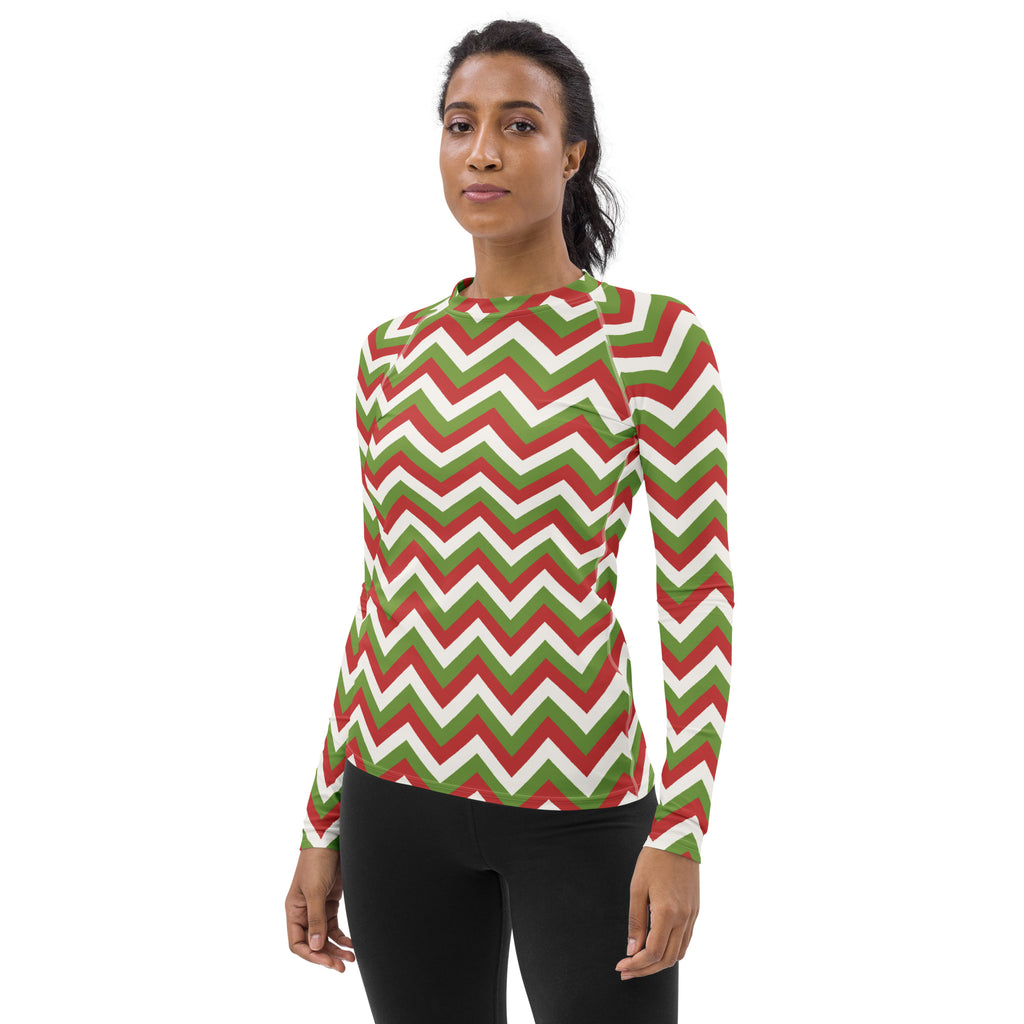 Women's Christmas Chevron Long Sleeve Rash Guard Swim Shirt – Buttery Soft, Sun Safe UPF 50+ Protection, Quick Dry & 4-Way Stretch Comfort