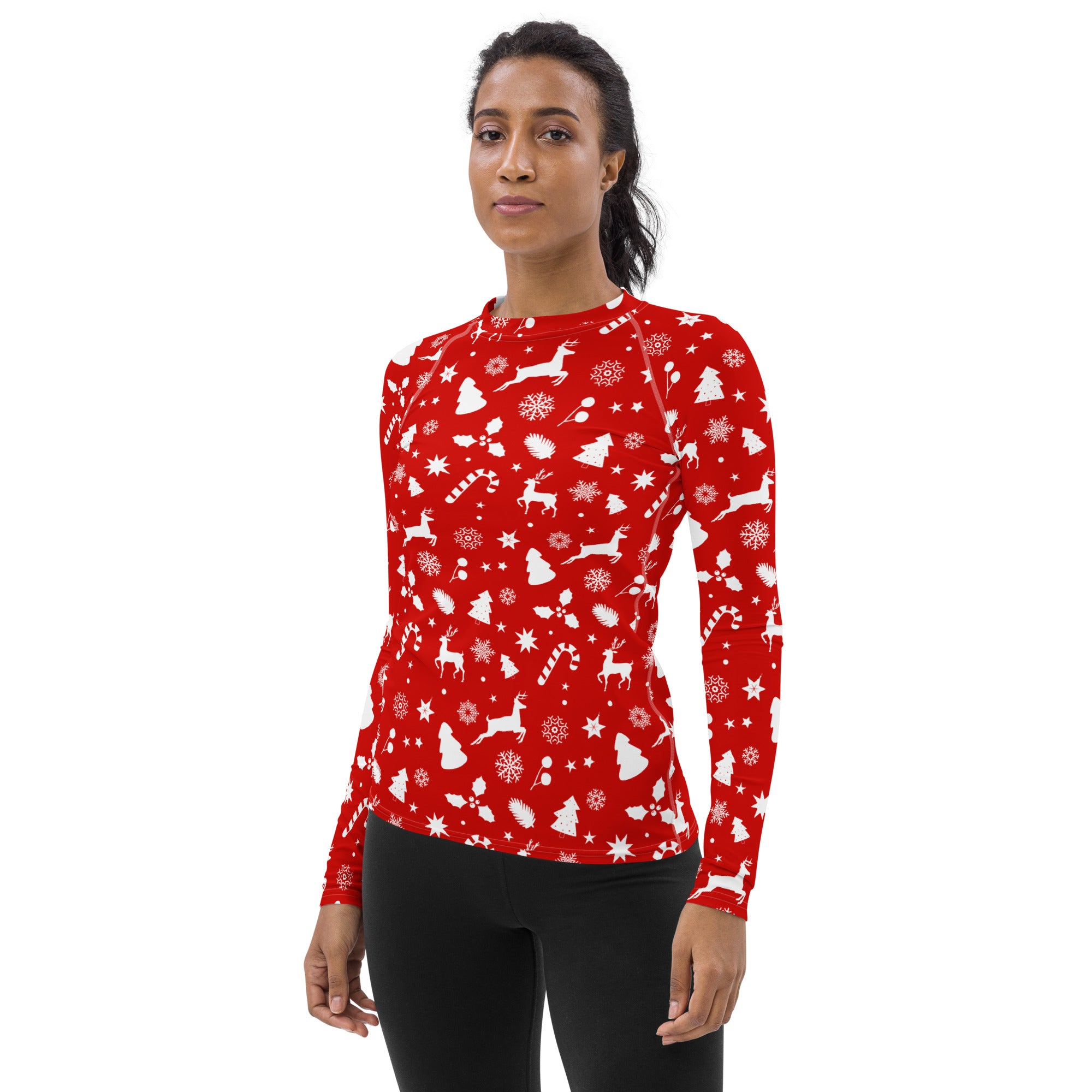 Women's Red Christmas Long Sleeve Rash Guard Swim Shirt – Buttery Soft, Sun Safe UPF 50+ Protection, Quick Dry & 4-Way Stretch Comfort
